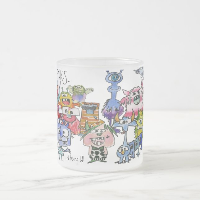 Gratitude Funny Cartoon Creatures Frosted Glass Coffee Mug (Center)