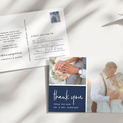 Gratitude in Navy  Wedding Photo Thank You Postcard