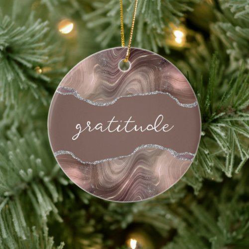Gratitude Inspirational Word Taupe Silver Agate Ceramic Ornament