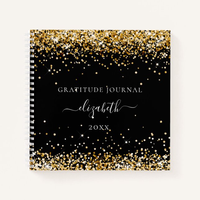 Gratitude journal black gold glitter dust name (Front)