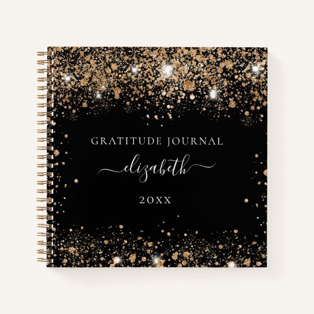 Gratitude journal black gold glitter name (Front)