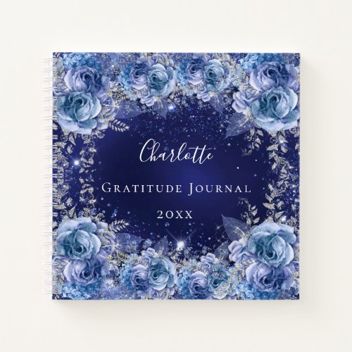 Gratitude journal blue flowers silver glitter name