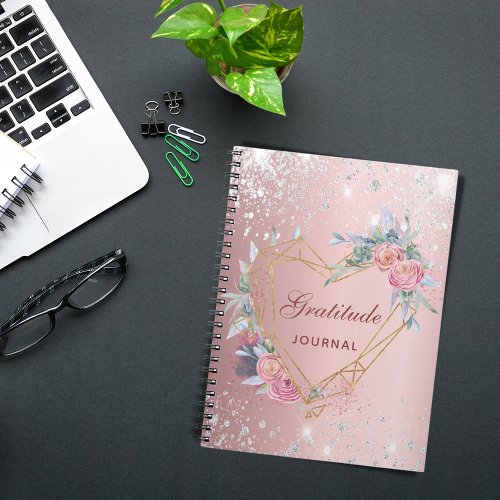 Gratitude journal blush pink floral silver glitter
