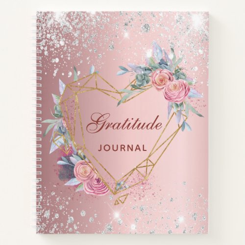 Gratitude journal blush pink floral silver glitter