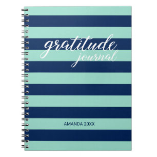 Gratitude Journal Mint Green Navy Stripes Name