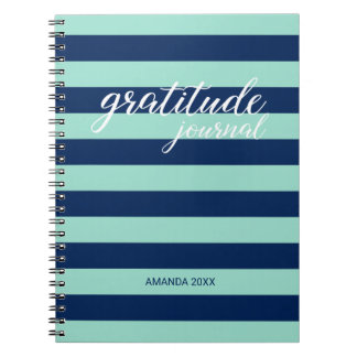 Gratitude Journal Mint Green Navy Stripes Name