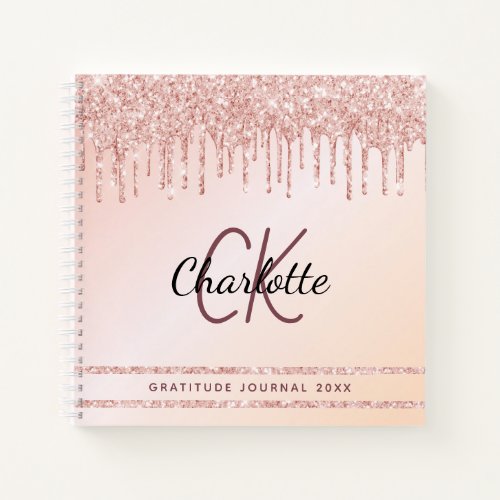 Gratitude journal monogram rose gold blush glitter