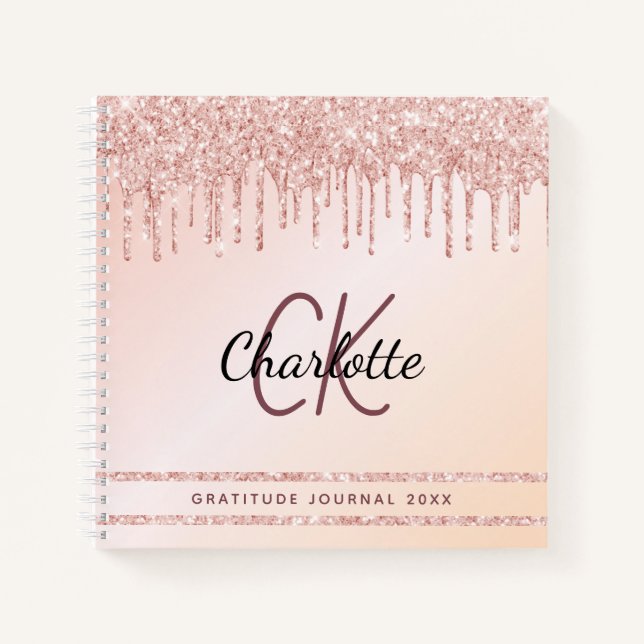 Gratitude journal monogram rose gold blush glitter (Front)