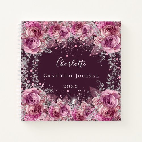 Gratitude journal pink burgundy floral glitter