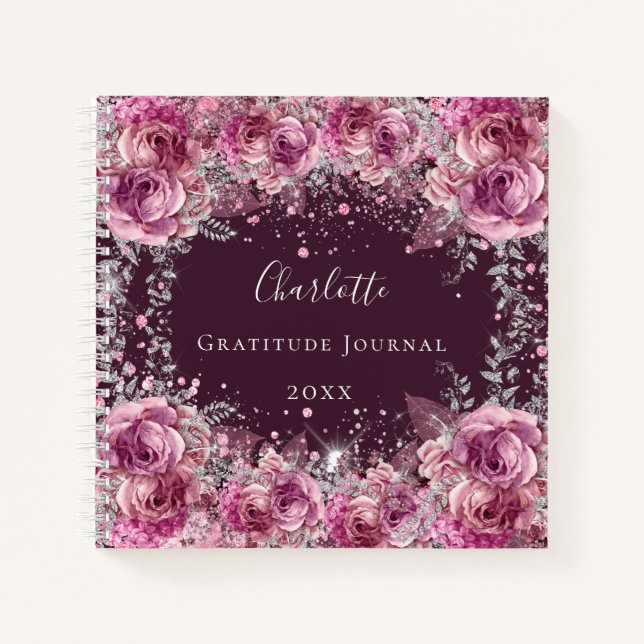 Gratitude journal pink burgundy floral glitter (Front)