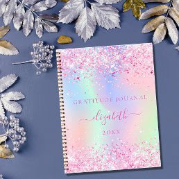 Gratitude journal pink glitter holographic name