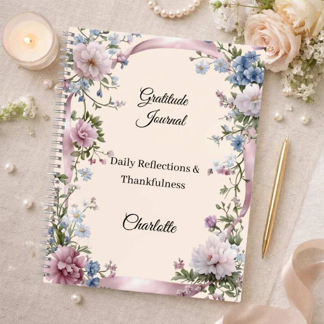 Gratitude journal pink ribbon cream florals (Creator Uploaded)
