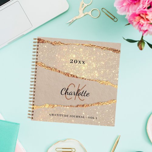 Gratitude journal rose gold agate glitter monogram