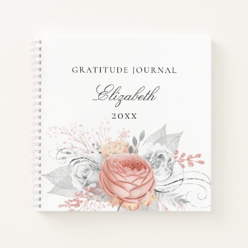 Gratitude journal rose gold floral silver foliage