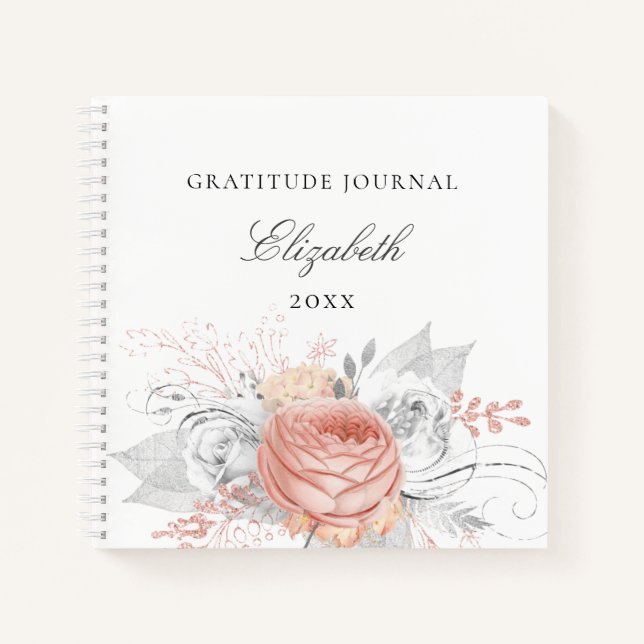 Gratitude journal rose gold floral silver foliage (Front)