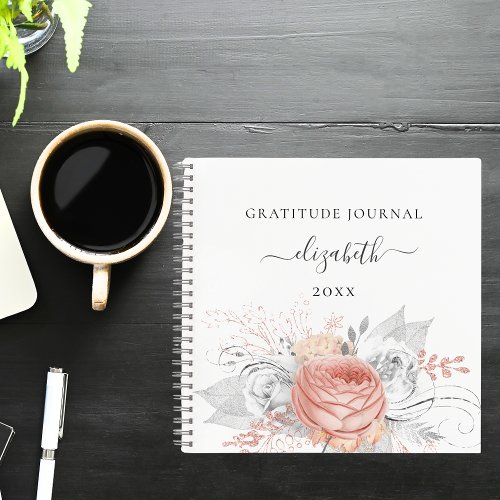 Gratitude journal rose gold floral silver foliage