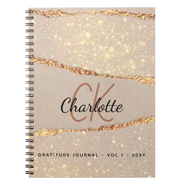 Gratitude journal rose gold glitter agate monogram (Front)