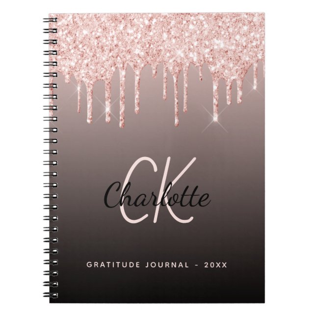 Gratitude Journal rose gold glitter black monogram (Front)