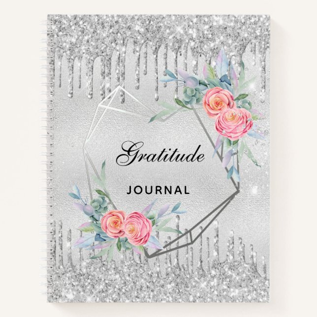 Gratitude journal silver floral glitter blush pink (Front)
