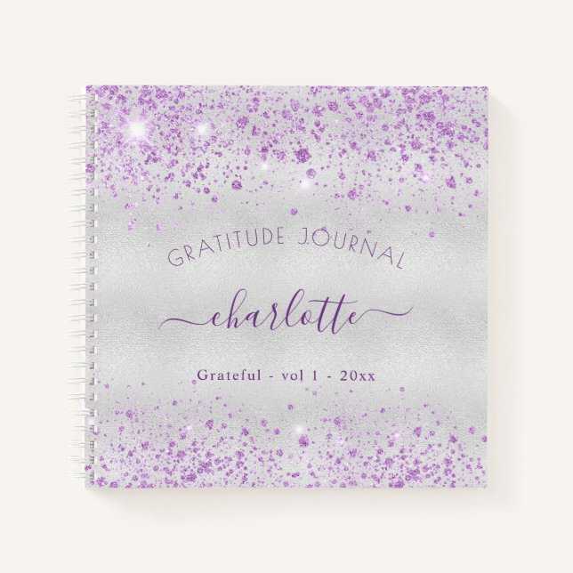 Gratitude journal silver lavender glitter name (Front)