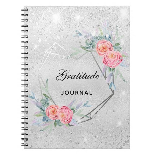 Gratitude journal silver pink florals glitter