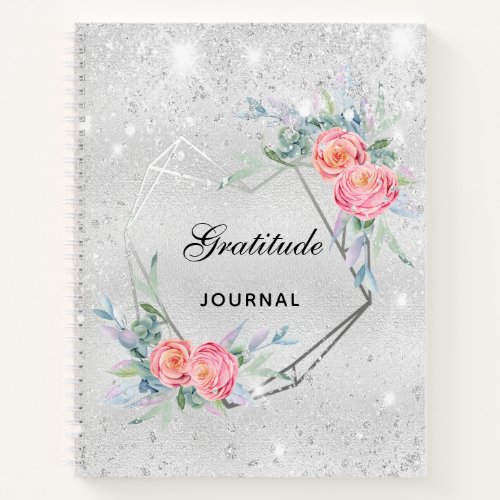Gratitude journal silver pink florals glitter dust