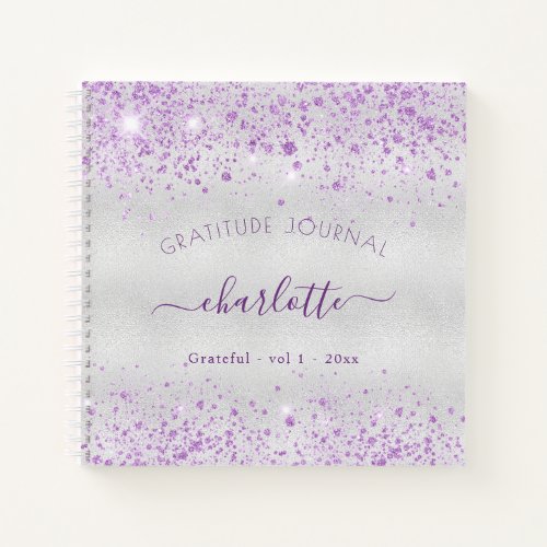 Gratitude journal violet silver glitter name