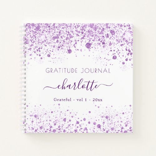 Gratitude journal violet white glitter name