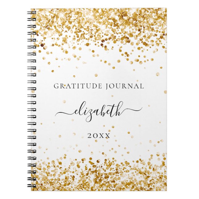 Gratitude journal white gold glitter dust name (Front)