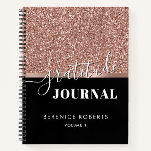 Gratitude Journaling Rose Gold Glitter Black Name Notebook