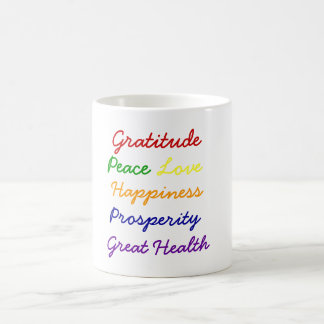 Gratitude, Peace, Love, Happiness, Coffee Mug