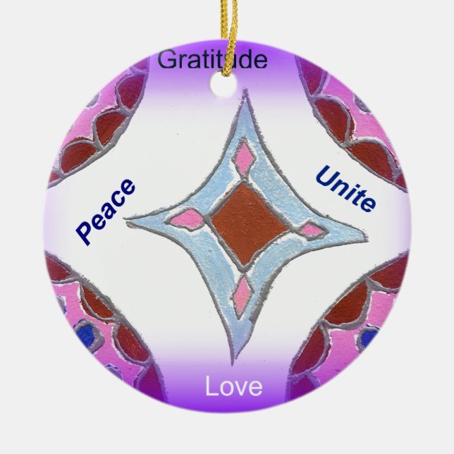 "Gratitude Peace Love Unite" Mandala Art Print Ceramic Ornament (Front)