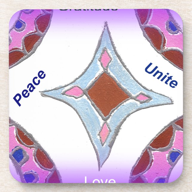 "Gratitude Peace Love Unite" Mandala Art Print Drink Coaster (Front)
