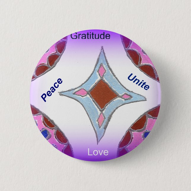 "Gratitude Peace Love Unite" Mandala Art Print Pinback Button (Front)