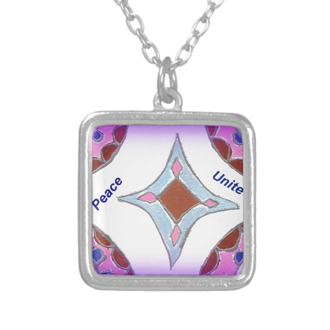 "Gratitude Peace Love Unite" Mandala Art Print Silver Plated Necklace (Front)