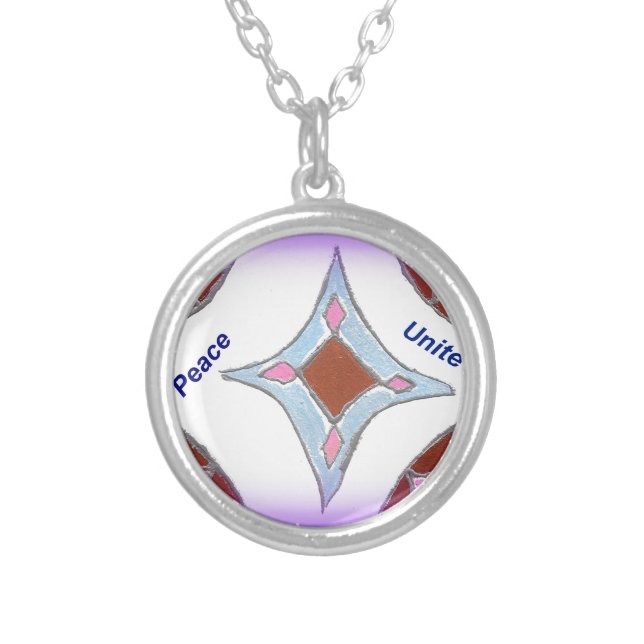 "Gratitude Peace Love Unite" Mandala Art Print Silver Plated Necklace (Front)