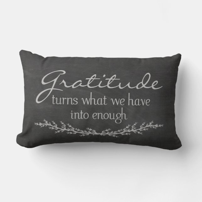 Gratitude quote on black chalkboard lumbar pillow (Front)