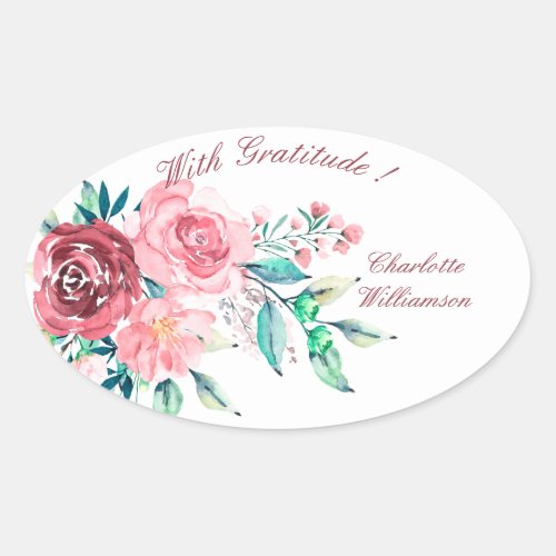 Gratitude Red and Pink Roses Flower Spray Oval Sticker