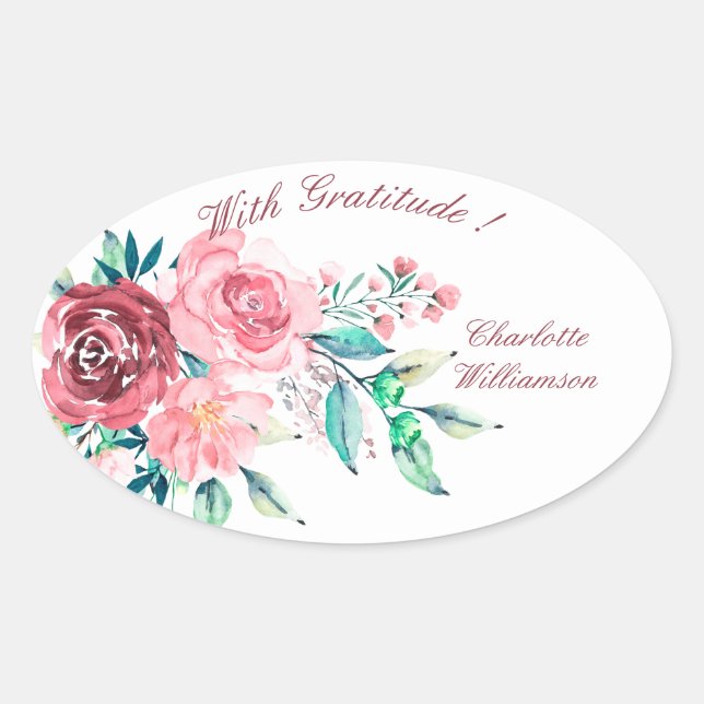 Gratitude Red and Pink Roses Flower Spray Oval Sticker (Front)