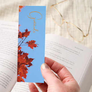 "Gratitude" Red Maple Leaves  Blue Background Bookmarks