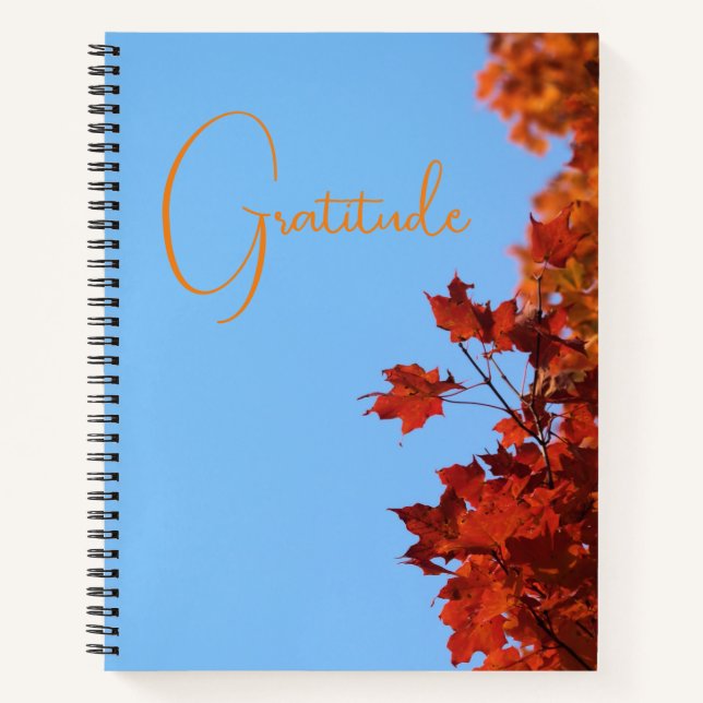 "Gratitude" Red Maple Leaves  Blue Background Notebook (Front)