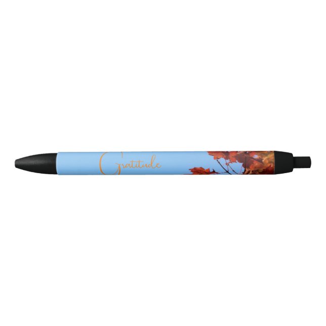 "Gratitude" Red Maple Leaves  Blue Background Pen (Front)