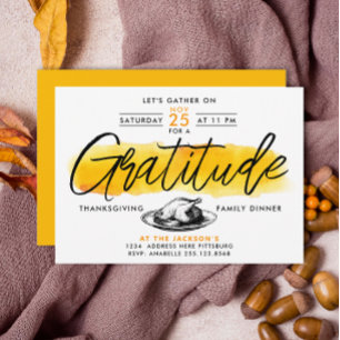 Gratitude Turkey Thanksgiving Dinner Watercolor Invitation