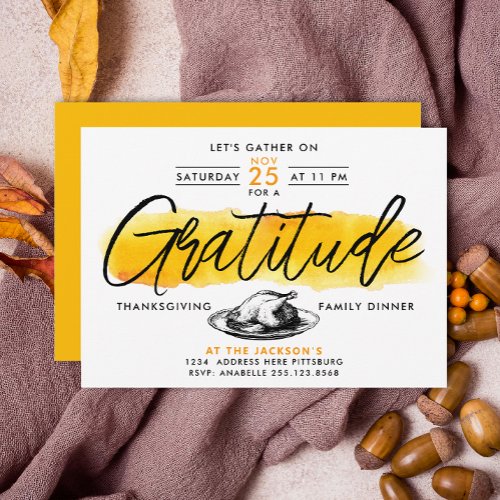 Gratitude Turkey Thanksgiving Dinner Watercolor Invitation