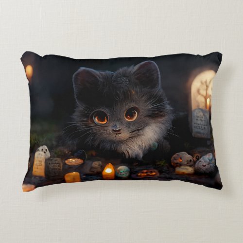 Grave Kitten with Pumpkin Eyes  Accent Pillow