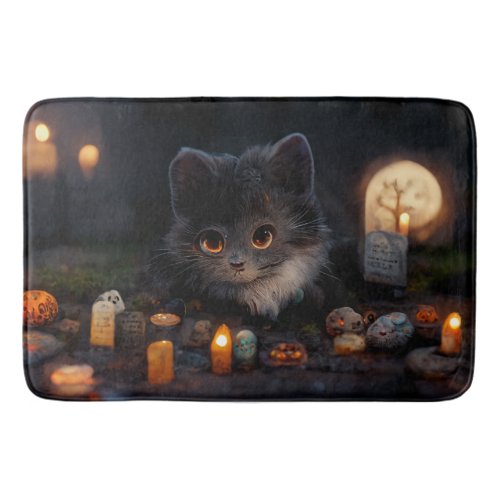 Grave Kitten with Pumpkin Eyes Halloween Bath Mat