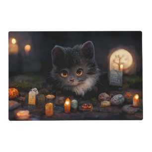 Grave Kitten with Pumpkin Eyes Halloween Placemat