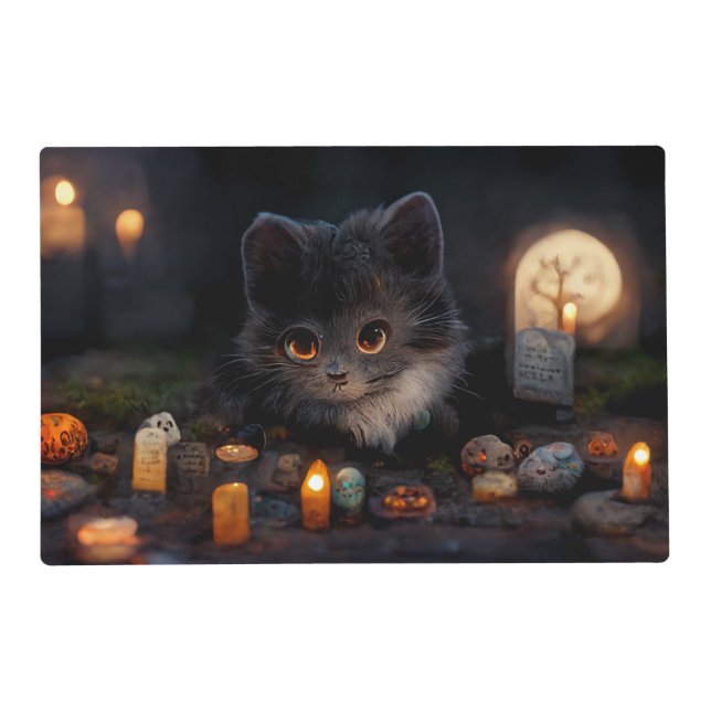 Grave Kitten with Pumpkin Eyes Halloween Placemat (Front)