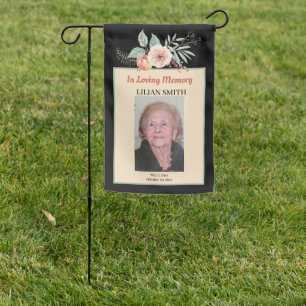 Grave Site Floral Photo Tribute on Black Memorial Garden Flag