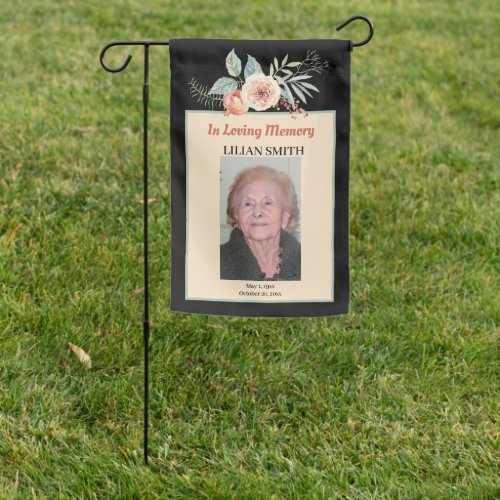 Grave Site Floral Photo Tribute on Black Memorial Garden Flag